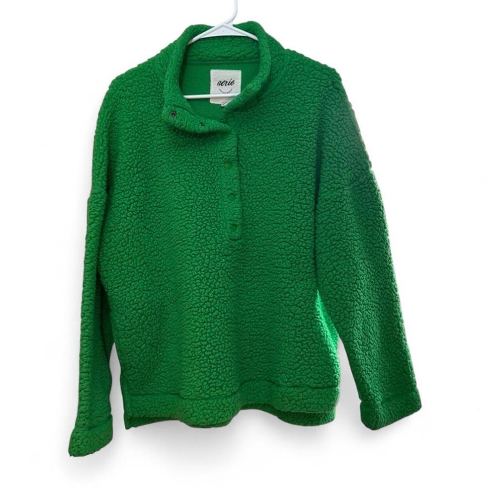 aerie Green Sherpa Button-Front Mock Neck Pullover